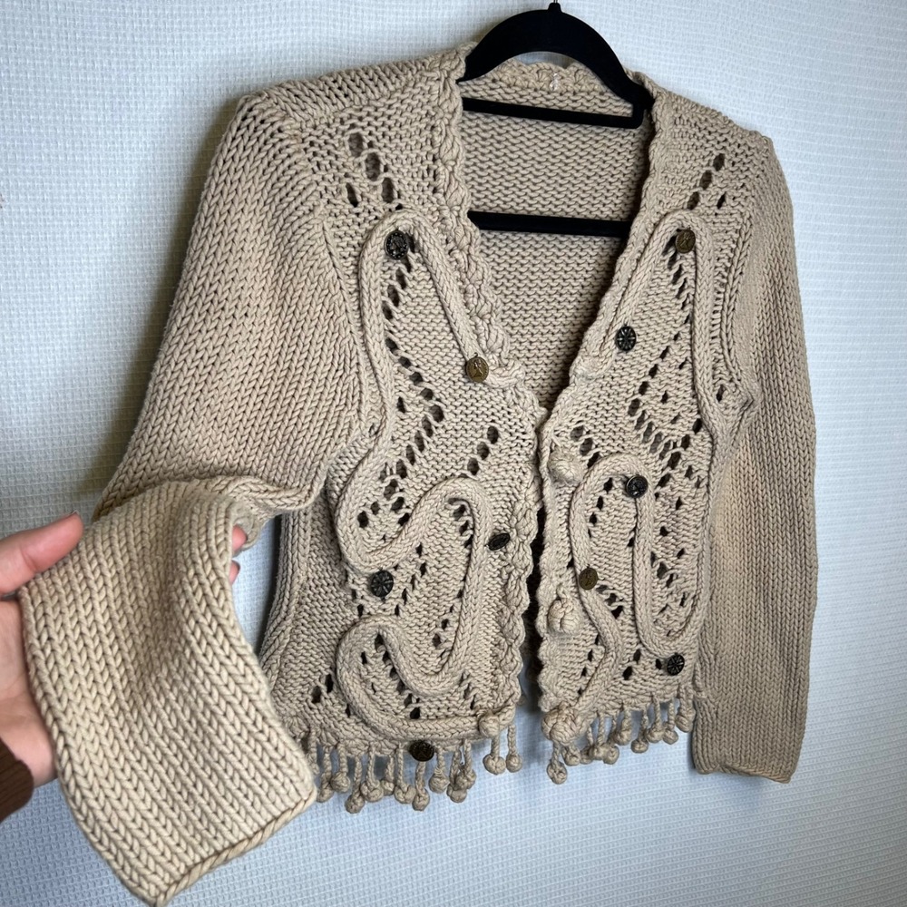Unique Beige Knit Cardigan Sweater Buttons Fringe Tassel Boho‎